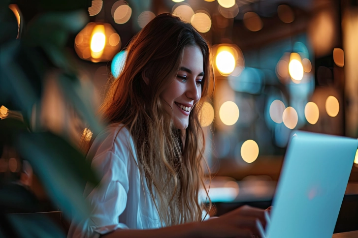 Imagem de uma mulher sentada em uma mesa com um computador portátil.